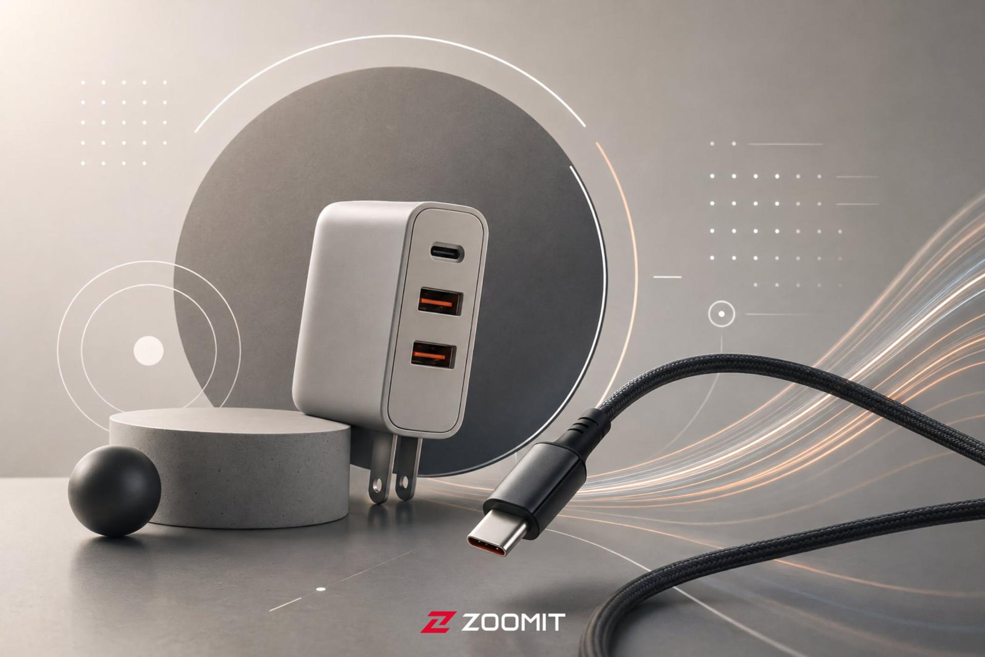شارژر دیواری با سه پورت خروجی و کابل USB-C روی یک پایه