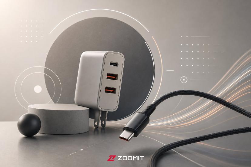 شارژر دیواری با سه پورت خروجی و کابل USB-C روی یک پایه