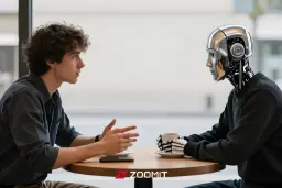 مرد جوان در حال گفت‌و‌گو با یک ربات انسان‌نما (Humanoid Robot) پشت میز کافه
