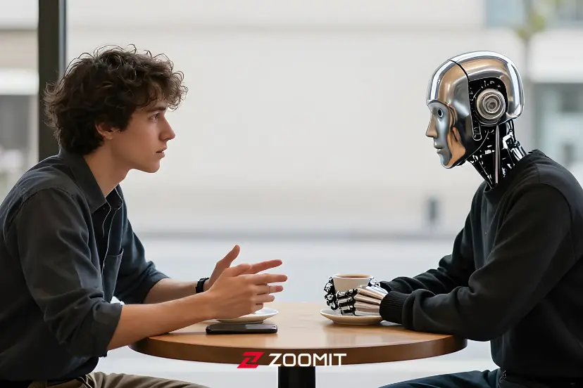 مرد جوان در حال گفت‌و‌گو با یک ربات انسان‌نما (Humanoid Robot) پشت میز کافه