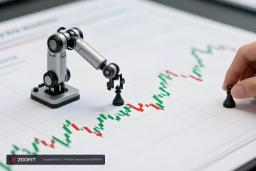 بازوی رباتیک در حال حرکت دادن مهره شطرنج روی نمودار تحلیل بازار
