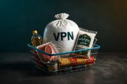 کیسه سفید با نوشته VPN در کنار مواد غذایی داخل سبد خرید