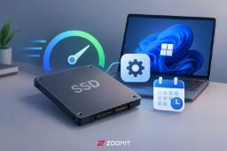 حافظه SSD در کنار لپ‌تاپ ویندوز با نمادهای سرعت و تنظیمات سیستم