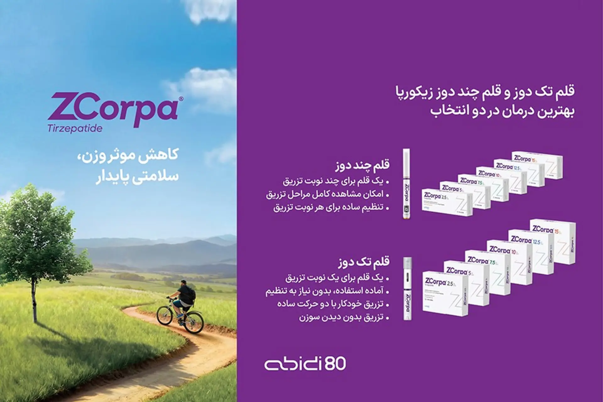 قلم‌های تزریق داروی زیکورپا (ZCorpa) با دوزهای مختلف در کنار تصویر طبیعت