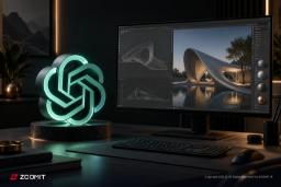 نماد هوش مصنوعی OpenAI در کنار مانیتور نمایش‌دهنده رندر سه‌بعدی