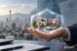 نمادهای پوشش بیمه شامل خانه، خودرو و سلامت در کف دست