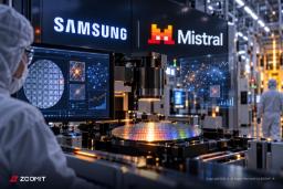 تولید تراشه در خط تولید سامسونگ (Samsung) با نمایش لوگوی میسترال (Mistral)