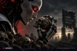 ربات انسان‌نما (Humanoid Robot) در میان توده‌ای از جمجمه‌های انسانی