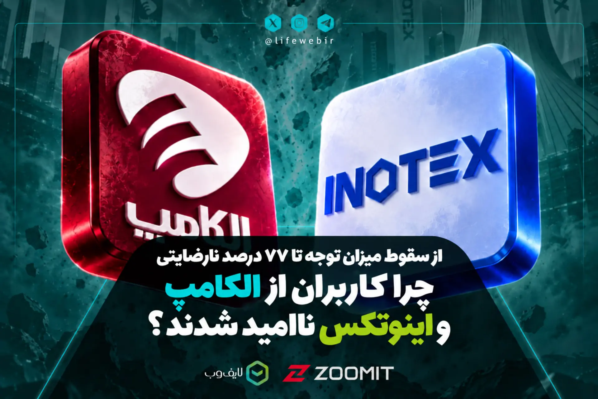 لوگوهای سه‌بعدی شرکت الکامپ (Elcamp) و اینوتکس (Inotex) در پس‌زمینه شهری