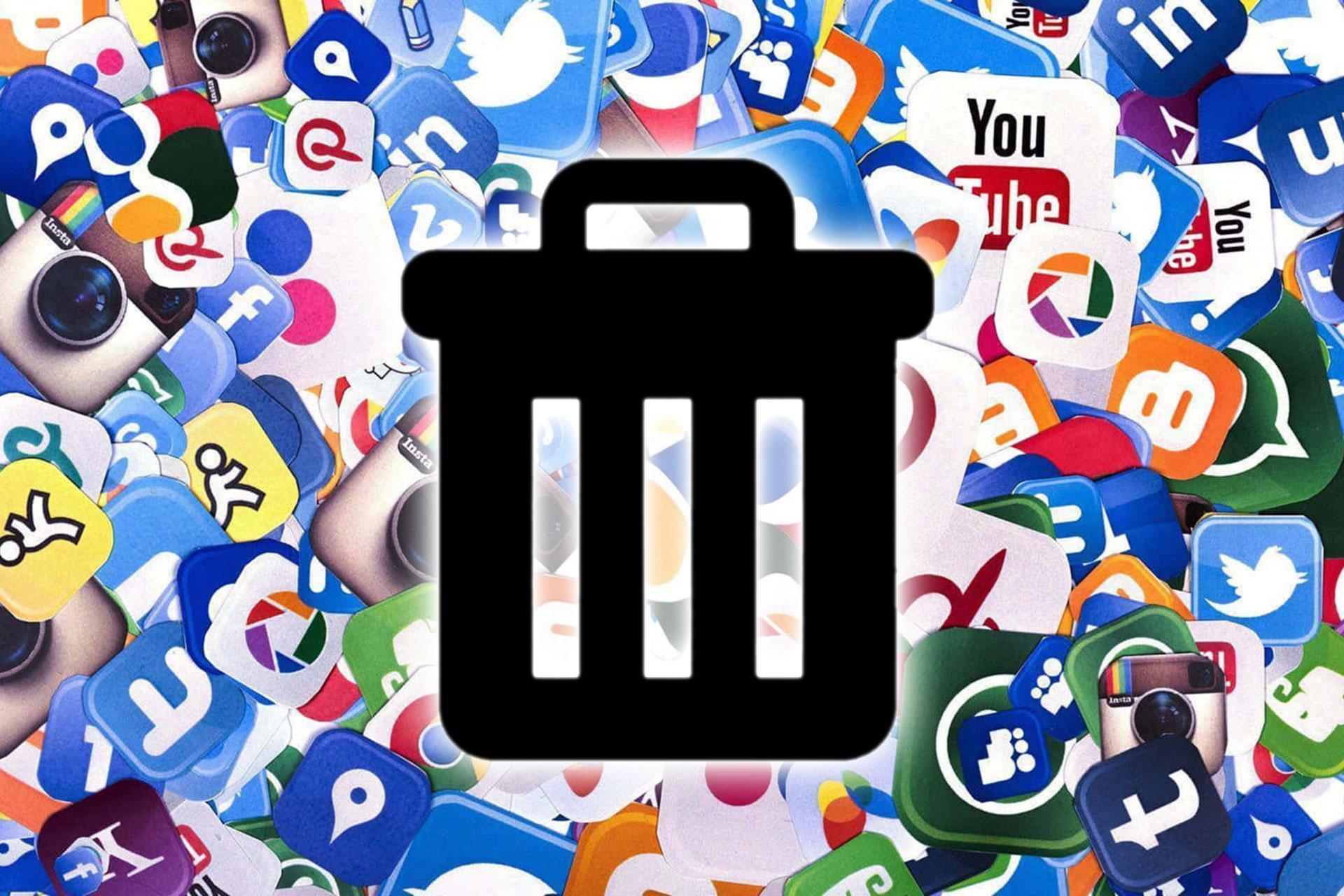 لوگوی سطل زباله مقابل لوگوهای شبکه های اجتماعی مختلف