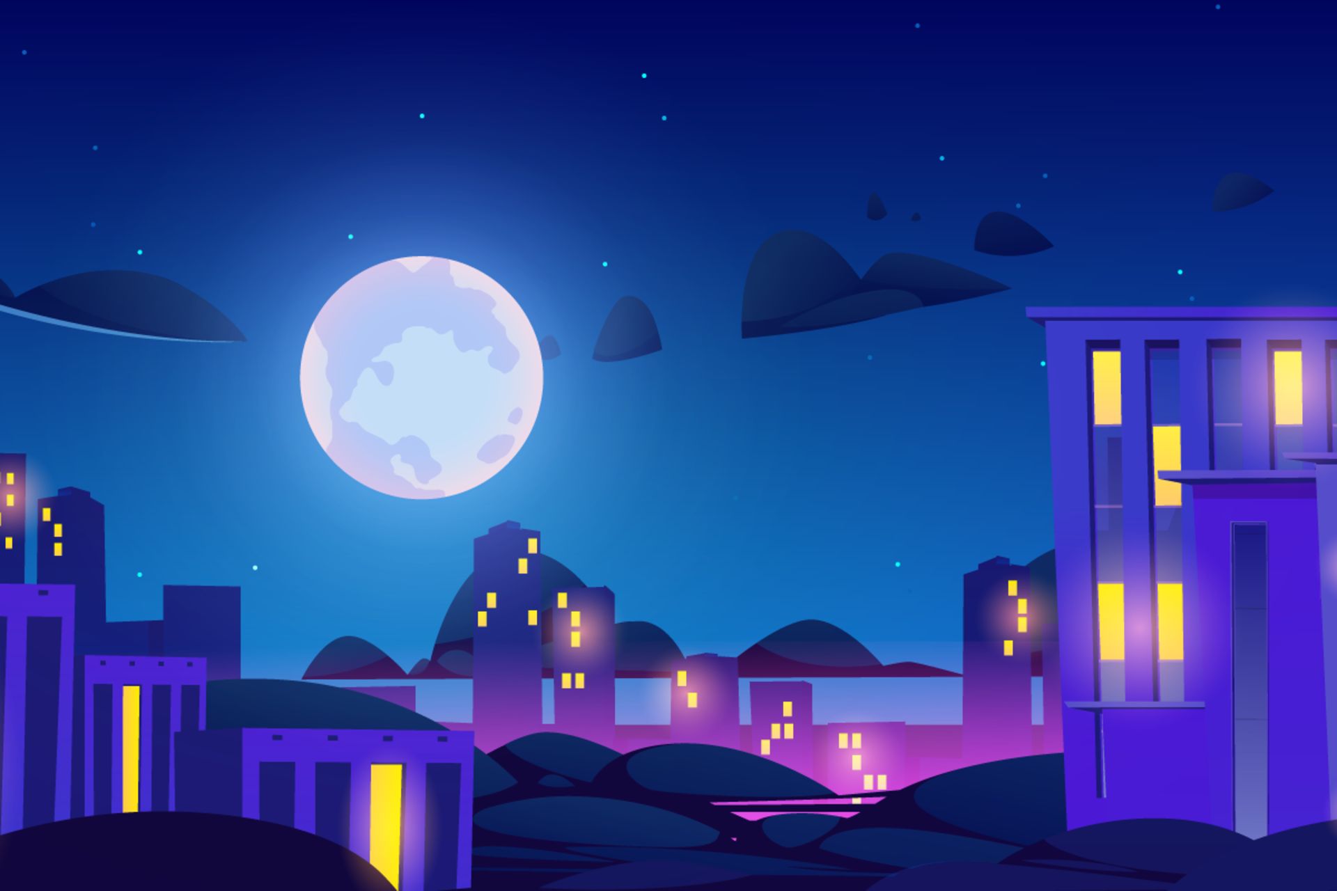 ساختمان های شهر و ماه در آسمان شب
