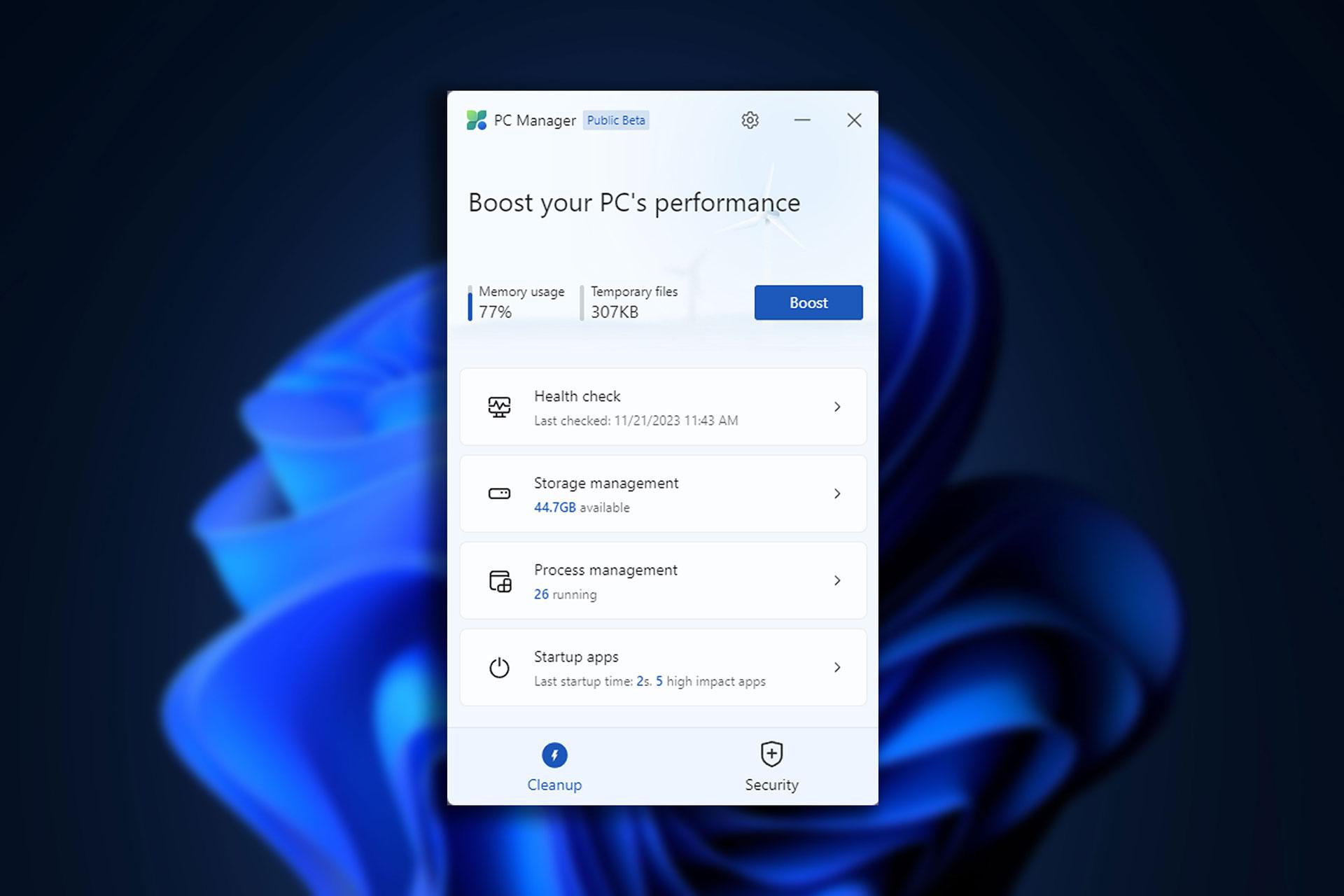 پنجره PC manager باز شده در وسط صفحه