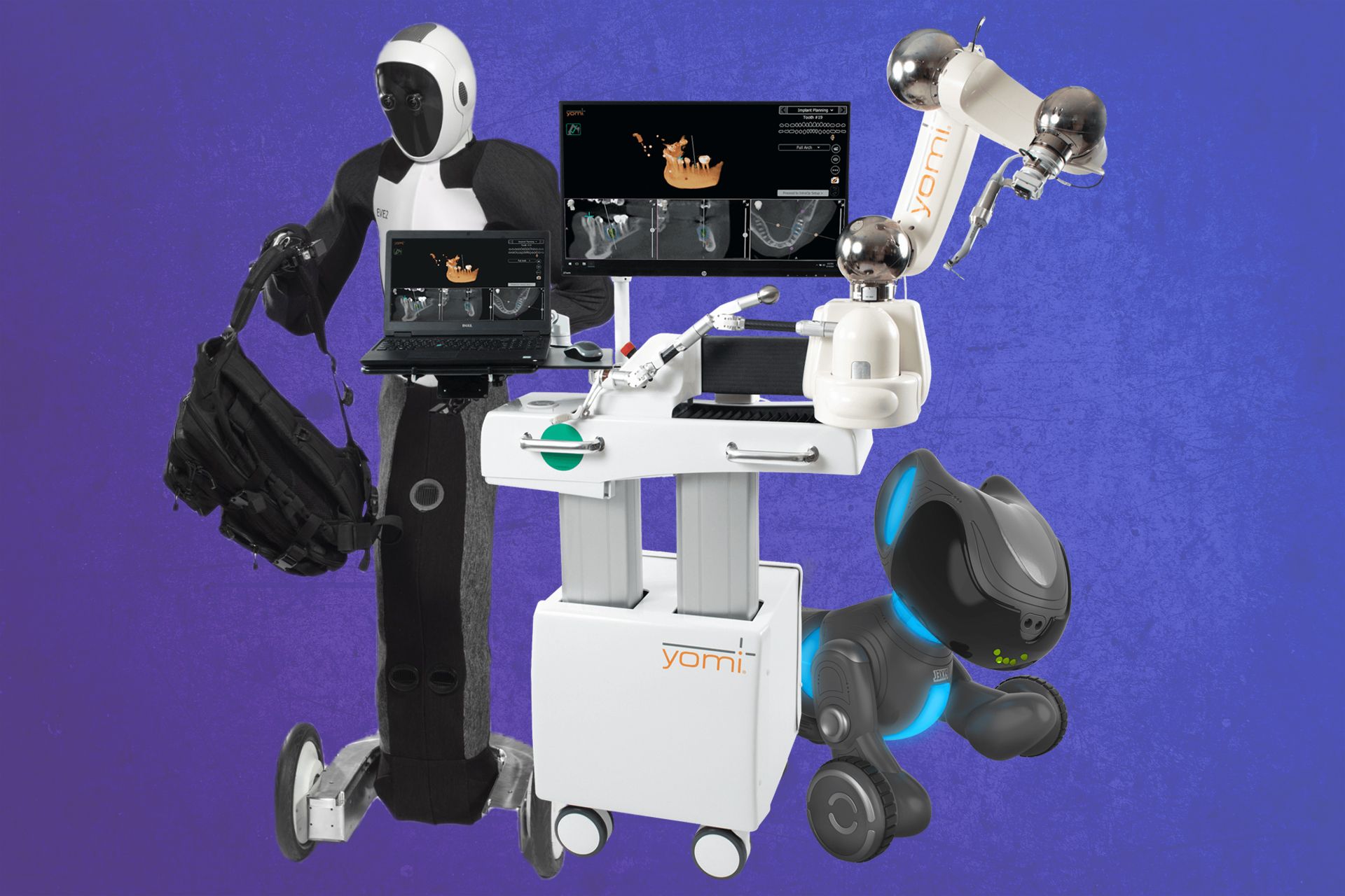 سه ربات مختلف (انسان نما، دندان پزشک و سگ نما) در کنار یکدیگر قرار گرفته اند 