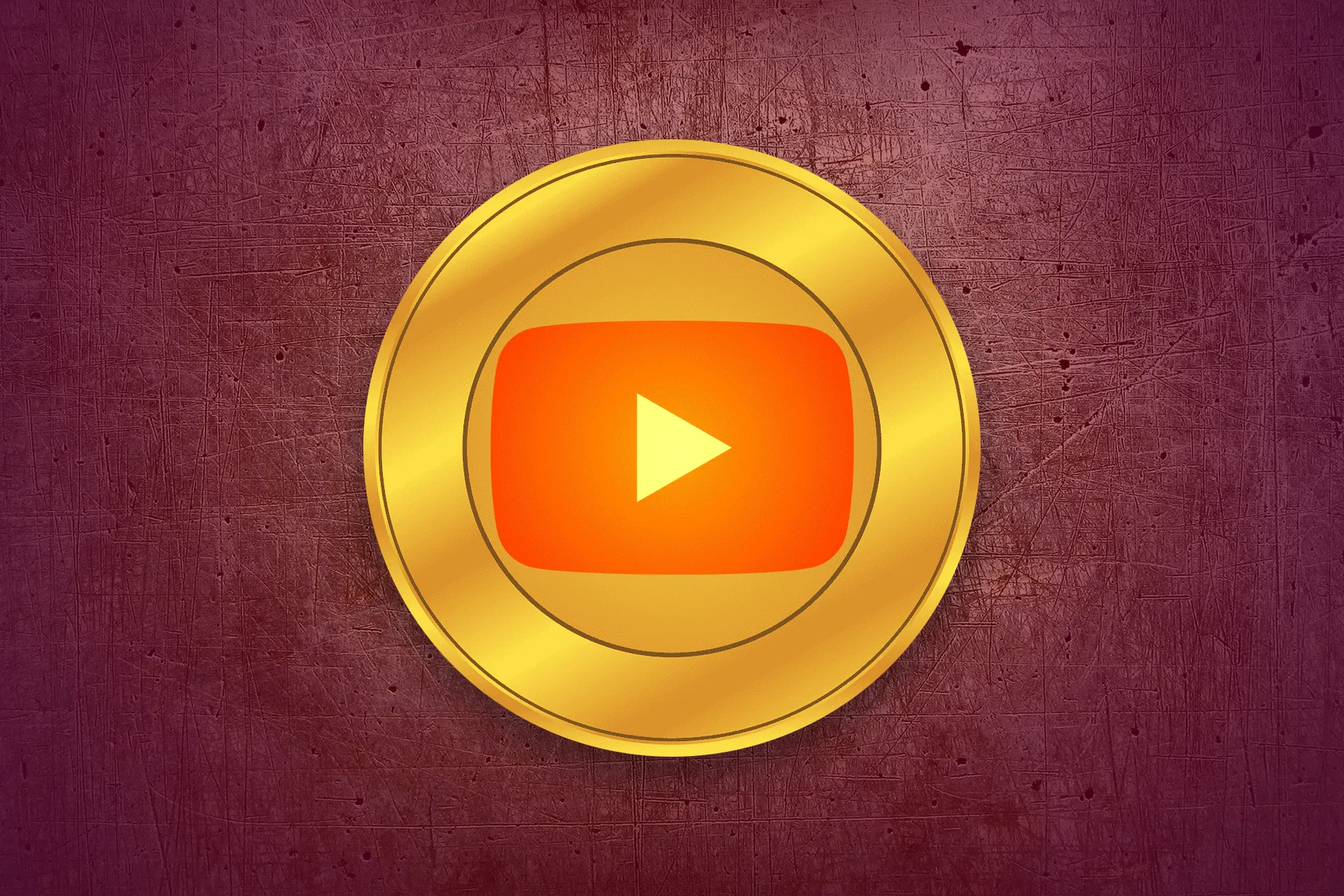 لوگوی یوتیوب در وسط سکه طلا پس زمینه قرمز