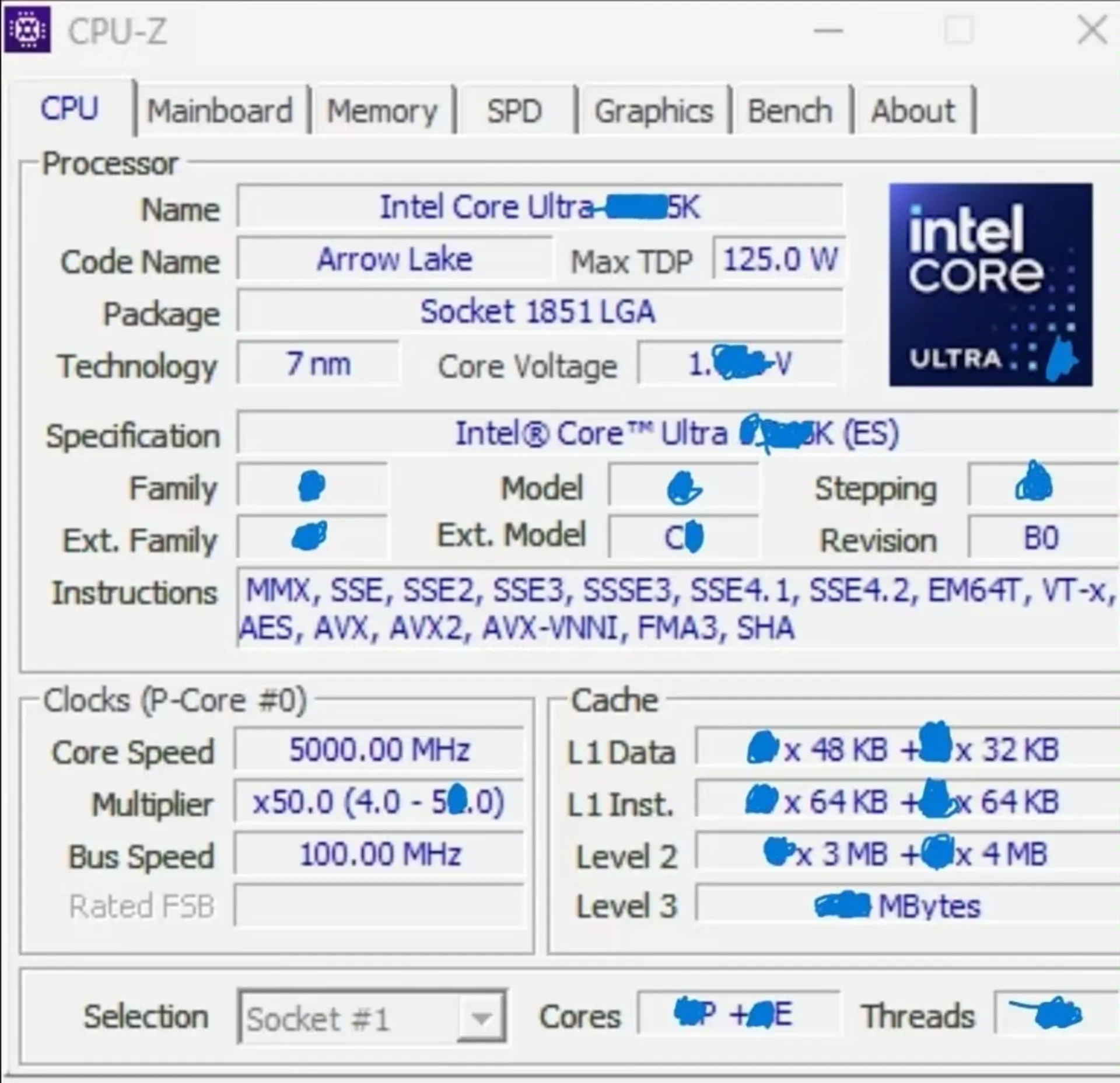 اسکرین شات cpu-z مربوط به پردازنده اینتل core ultra 9 285k