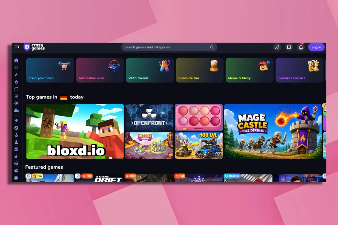 رابط کاربری سایت بازی آنلاین crazy games با دسته‌بندی‌های مختلف