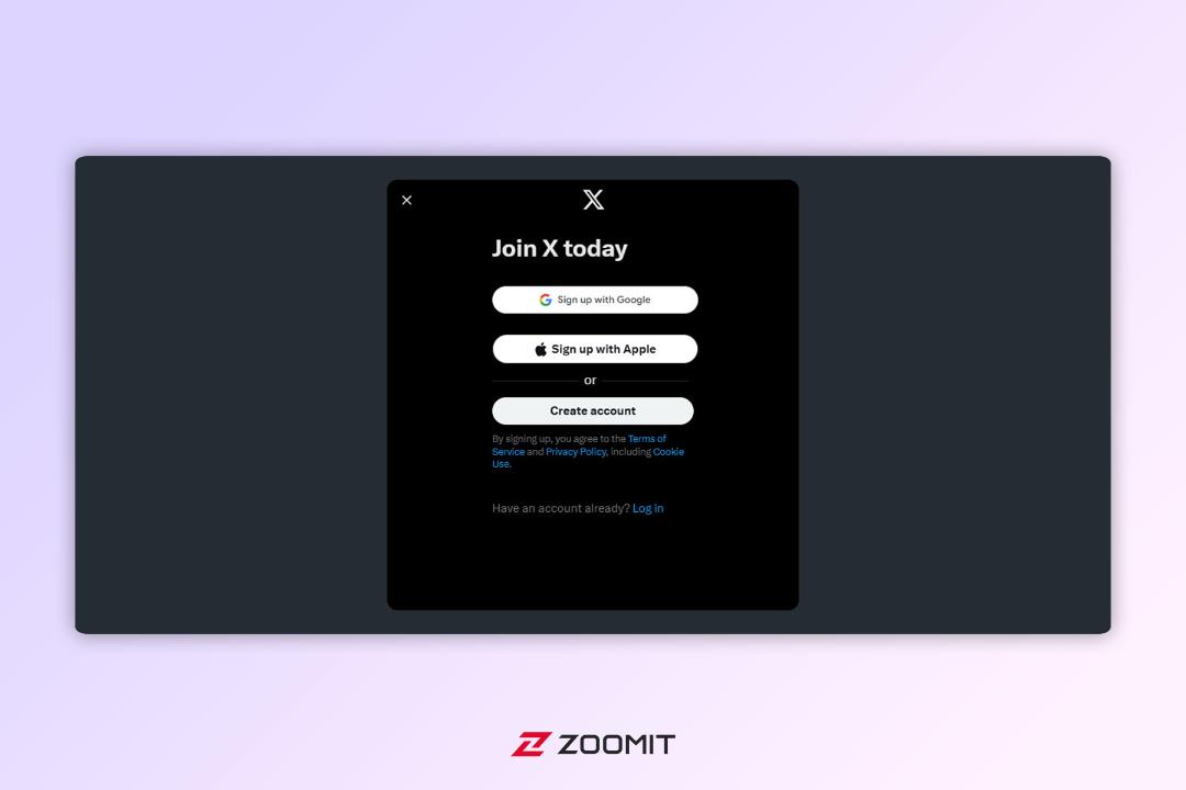 دکمه‌ی Create account ایکس توییتر سابق
