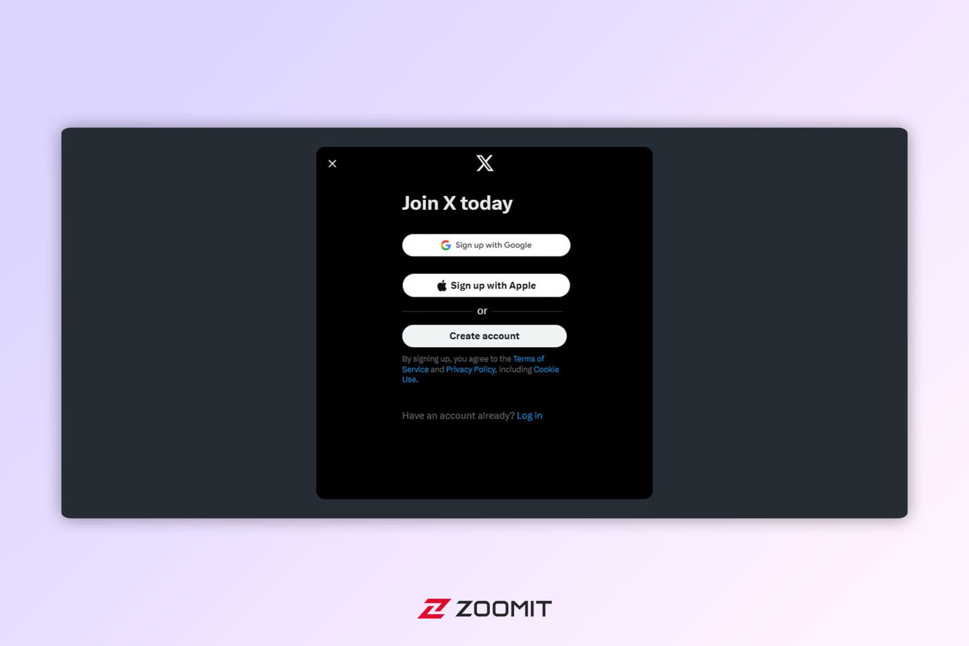 دکمه‌ی Create account ایکس توییتر سابق