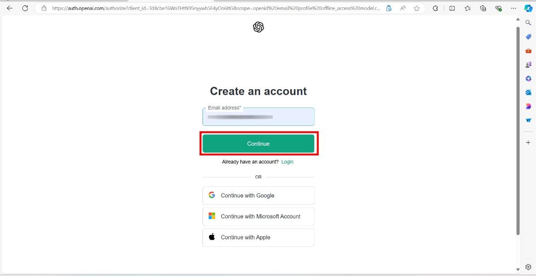 پنجره‌ی Create an account