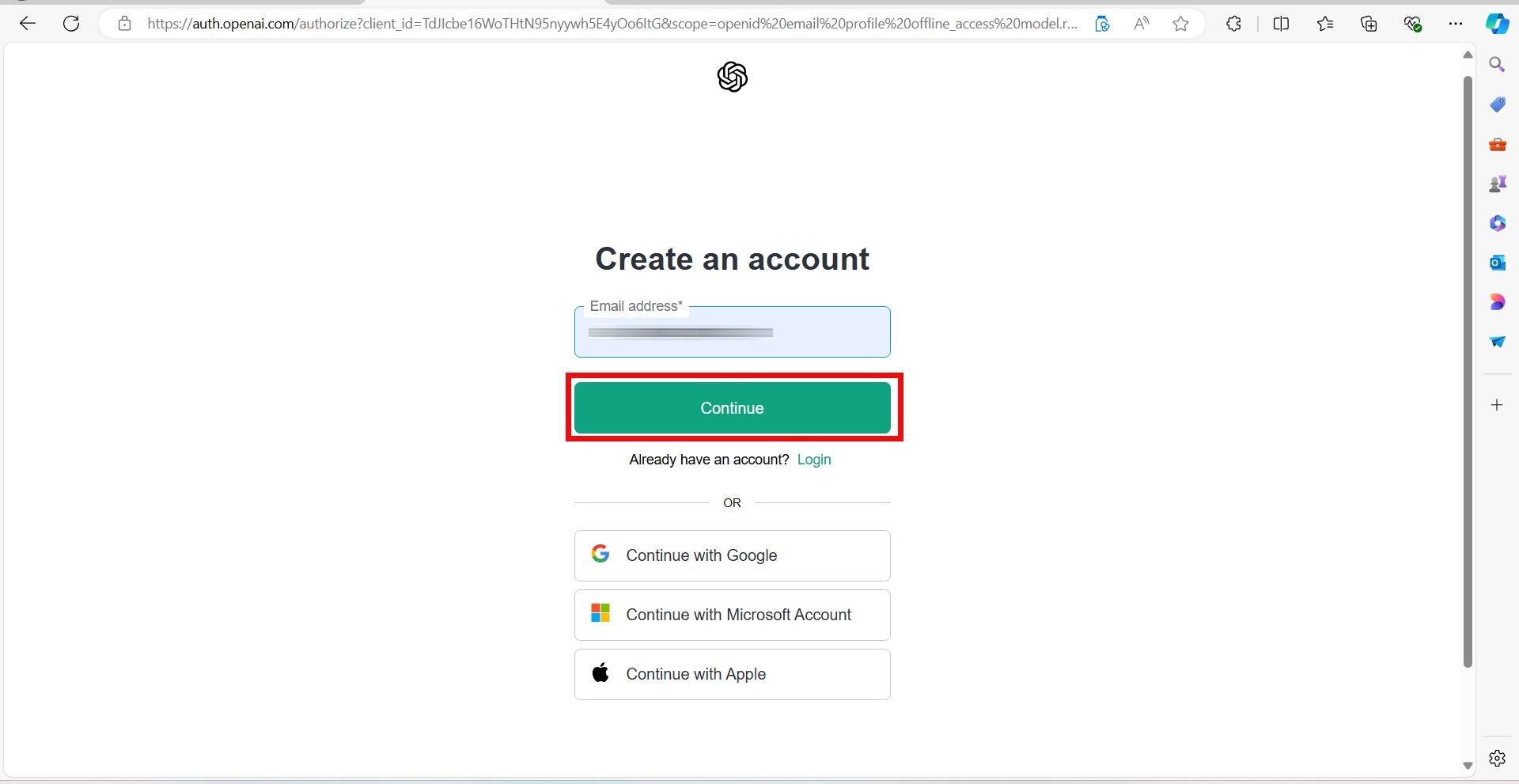 پنجره‌ی Create an account