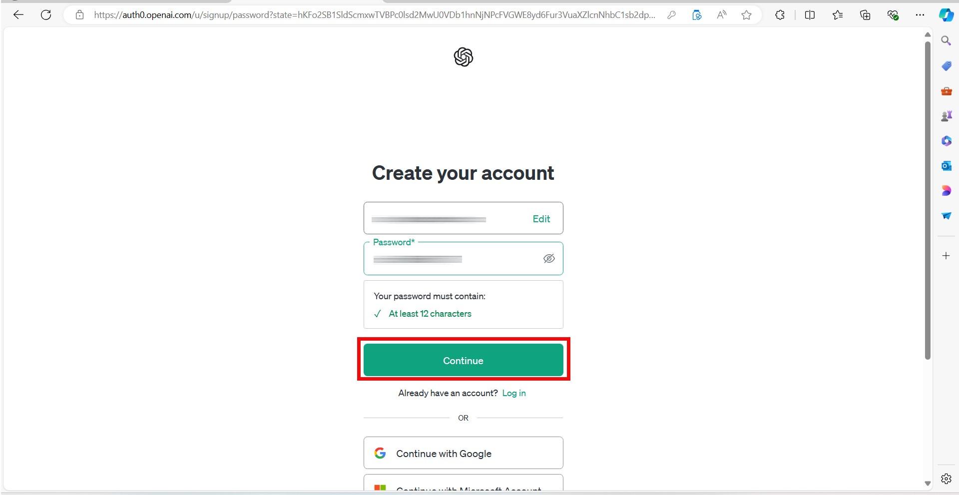 پنجره‌ی Create an account