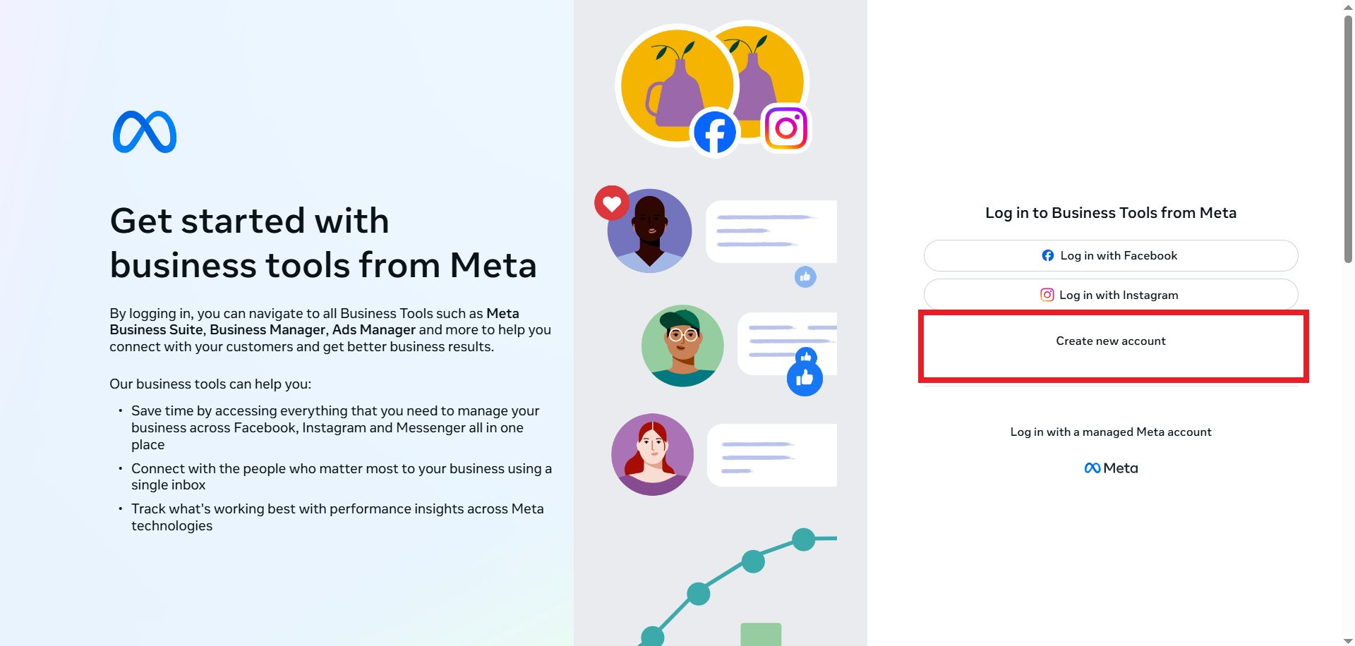 گزینه‌ی create new account در meta business suite