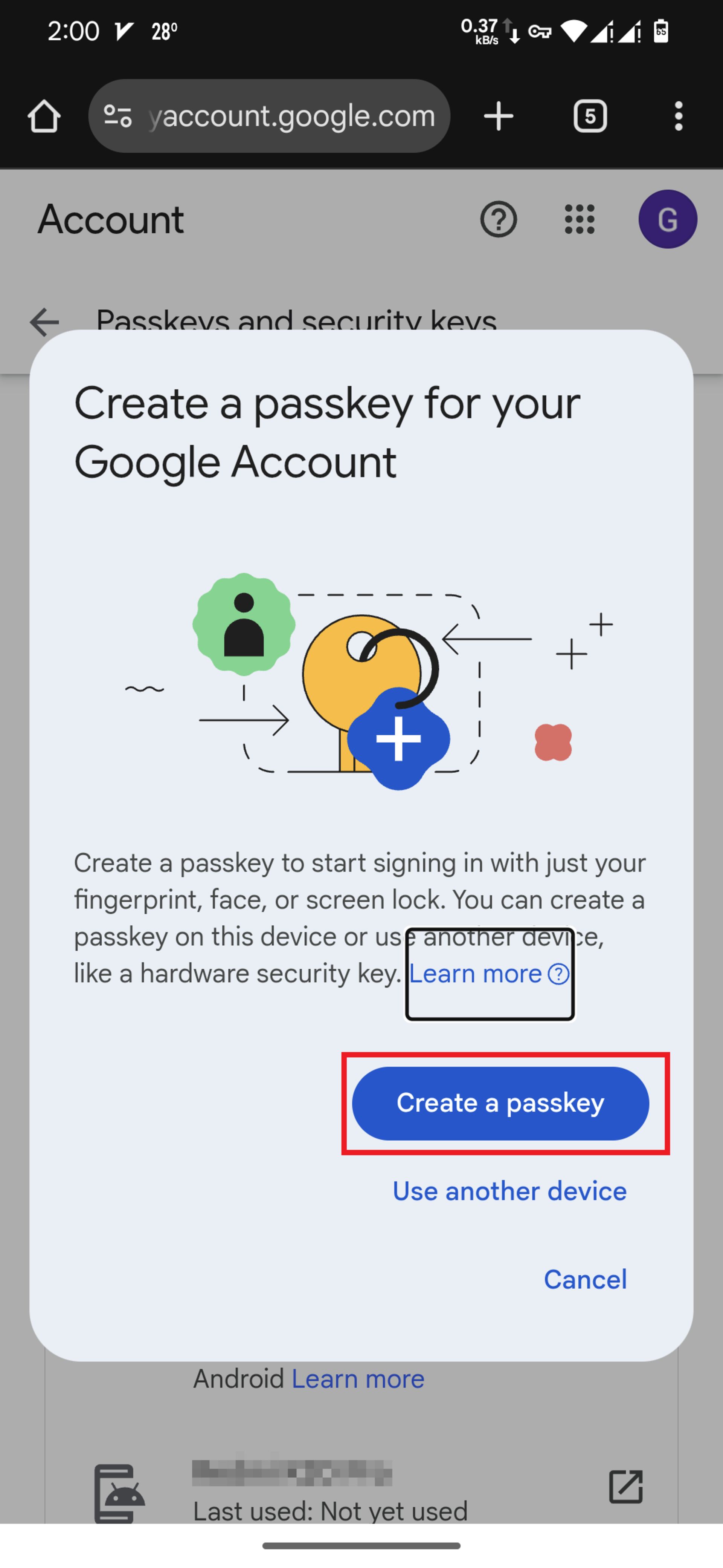 گزینه‌ی create a passkey