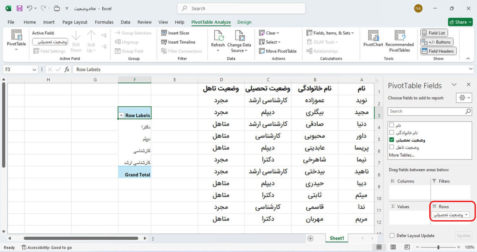 فیلد ردیف (Row) در Pivot Table اکسل