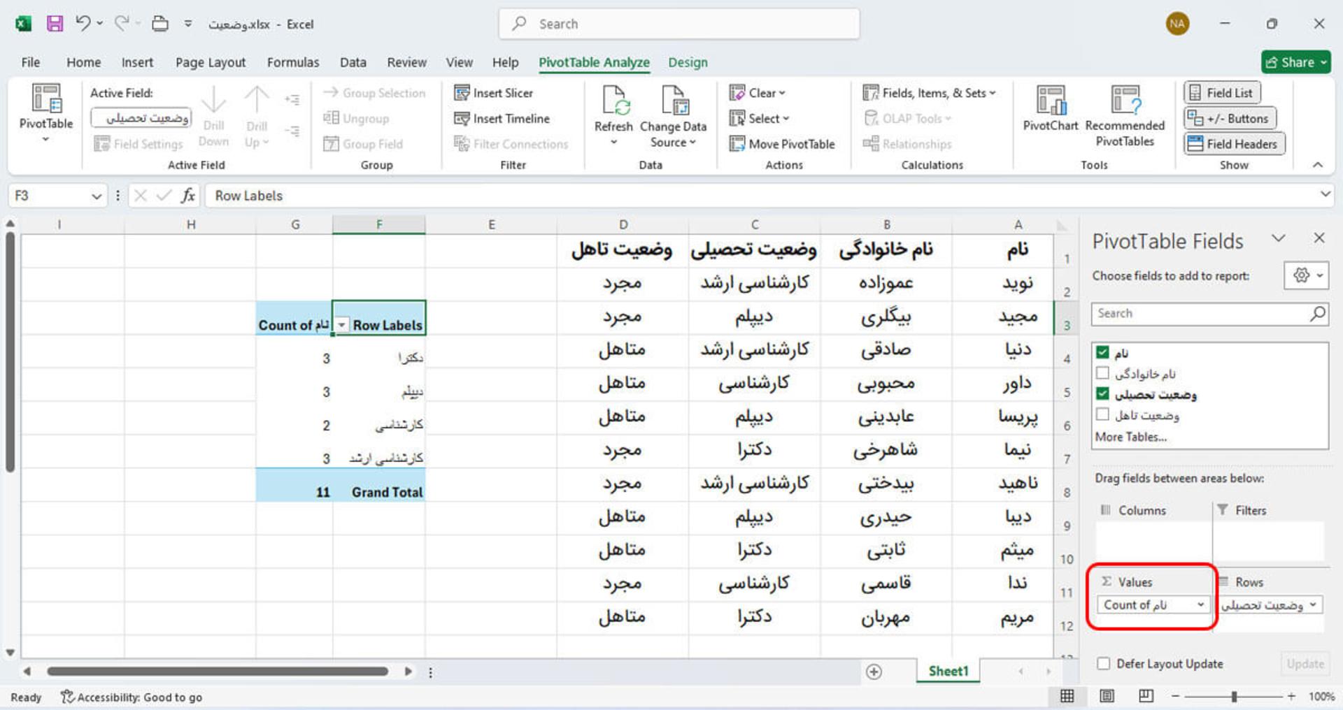 فیلد مقادیر (Value) در Pivot Table اکسل