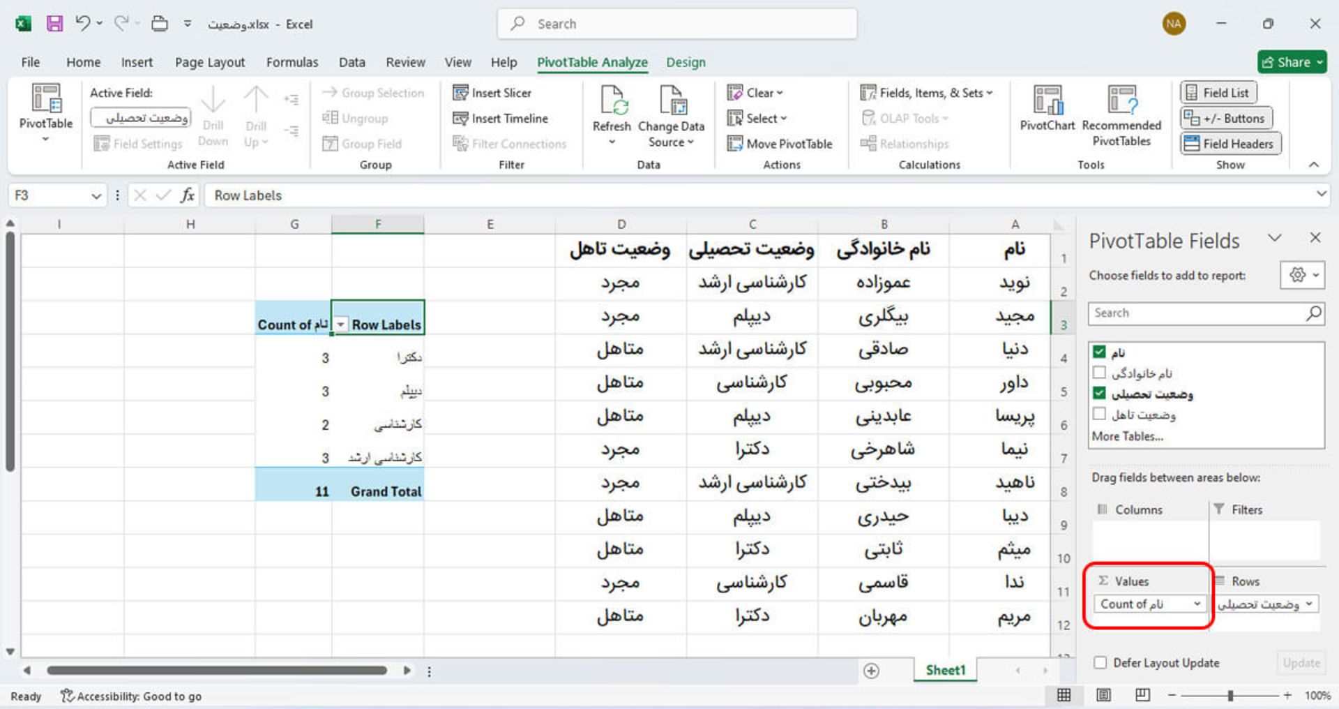 فیلد مقادیر (Value) در Pivot Table اکسل