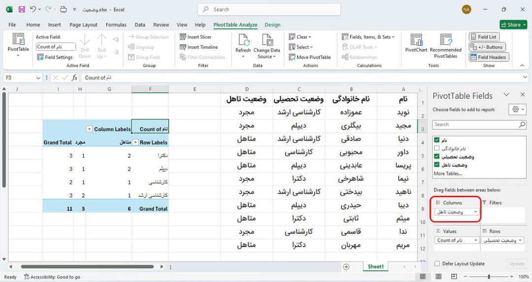 فیلد ستون (Column) در Pivot Table اکسل