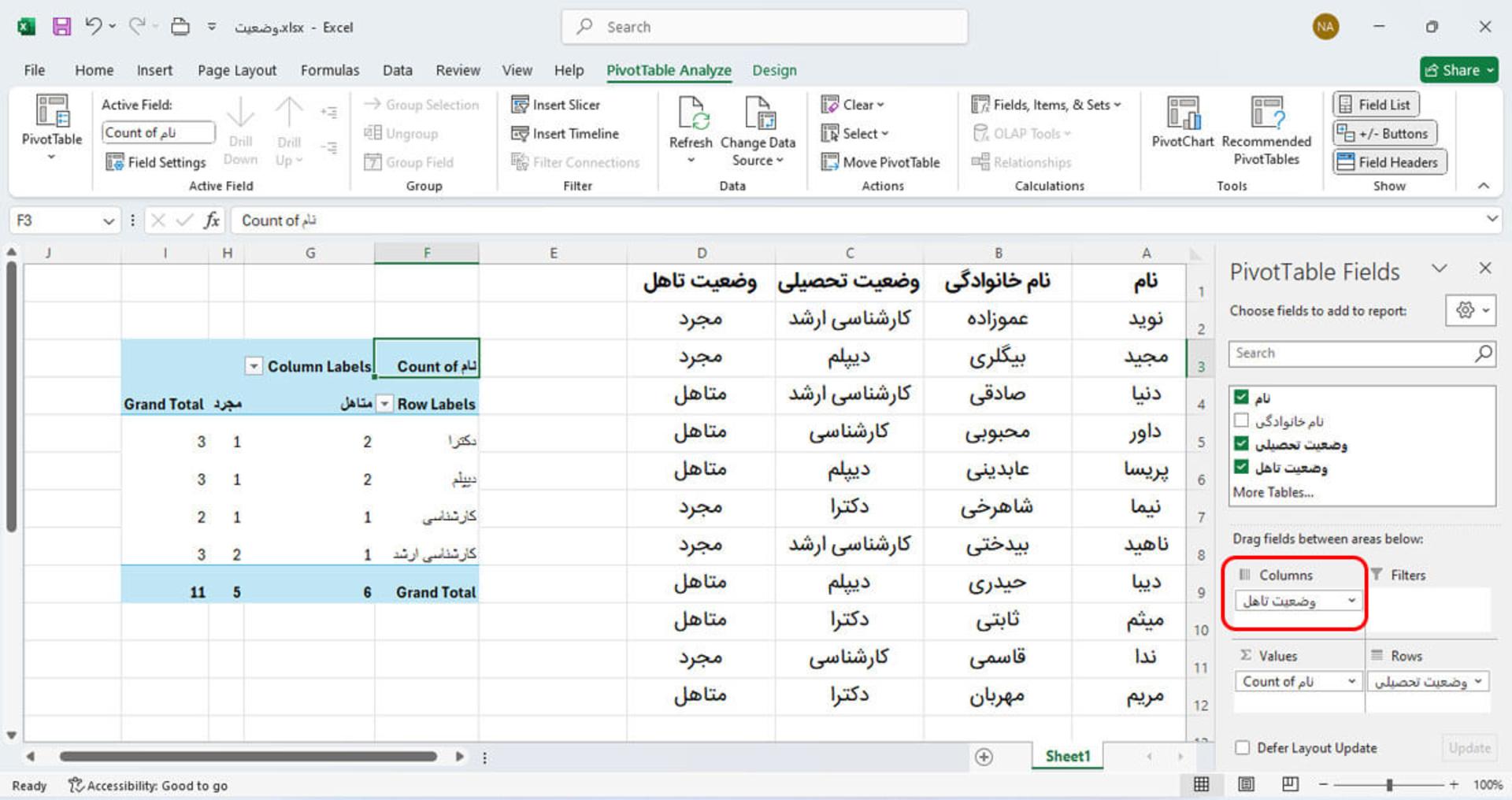 فیلد ستون (Column) در Pivot Table اکسل