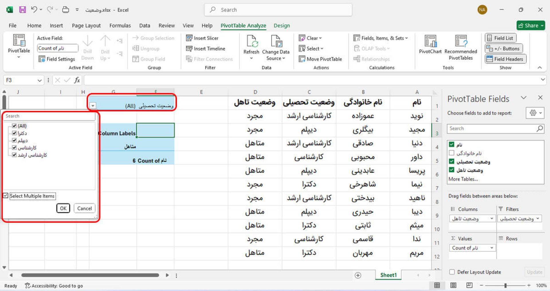 فیلد فیلتر (Filter) در Pivot Table اکسل