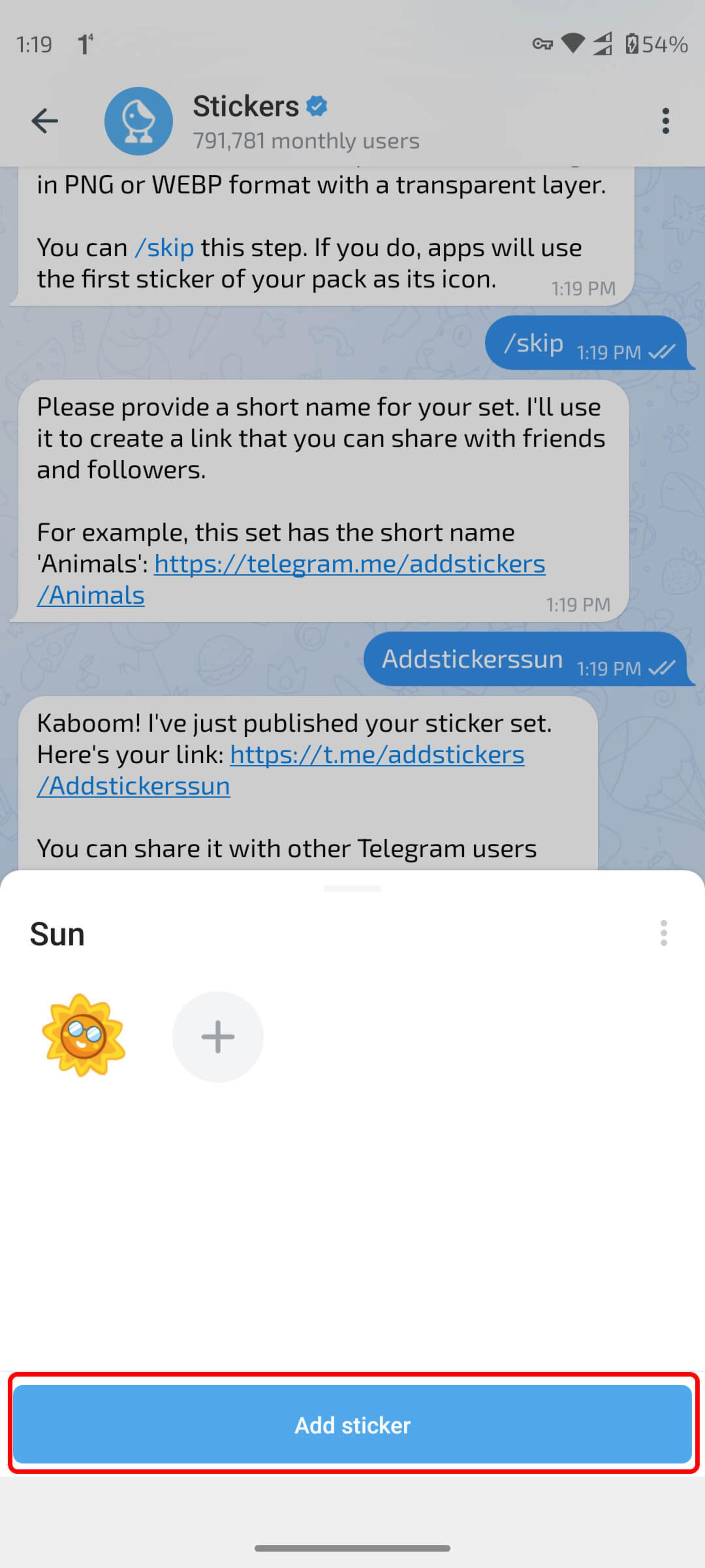 انتخاب add stickers جهت اضافه شدن استیکر به پنل چت تلگرام