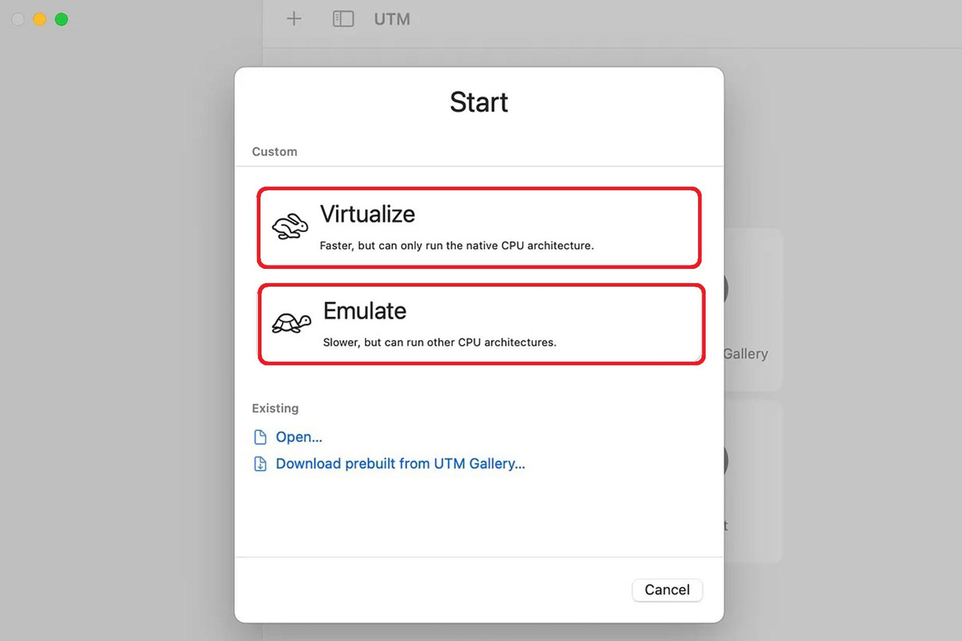 پنجره انتخاب بین دو گزینه‌ Virtualize یا Emulate در نرم افزار UTM
