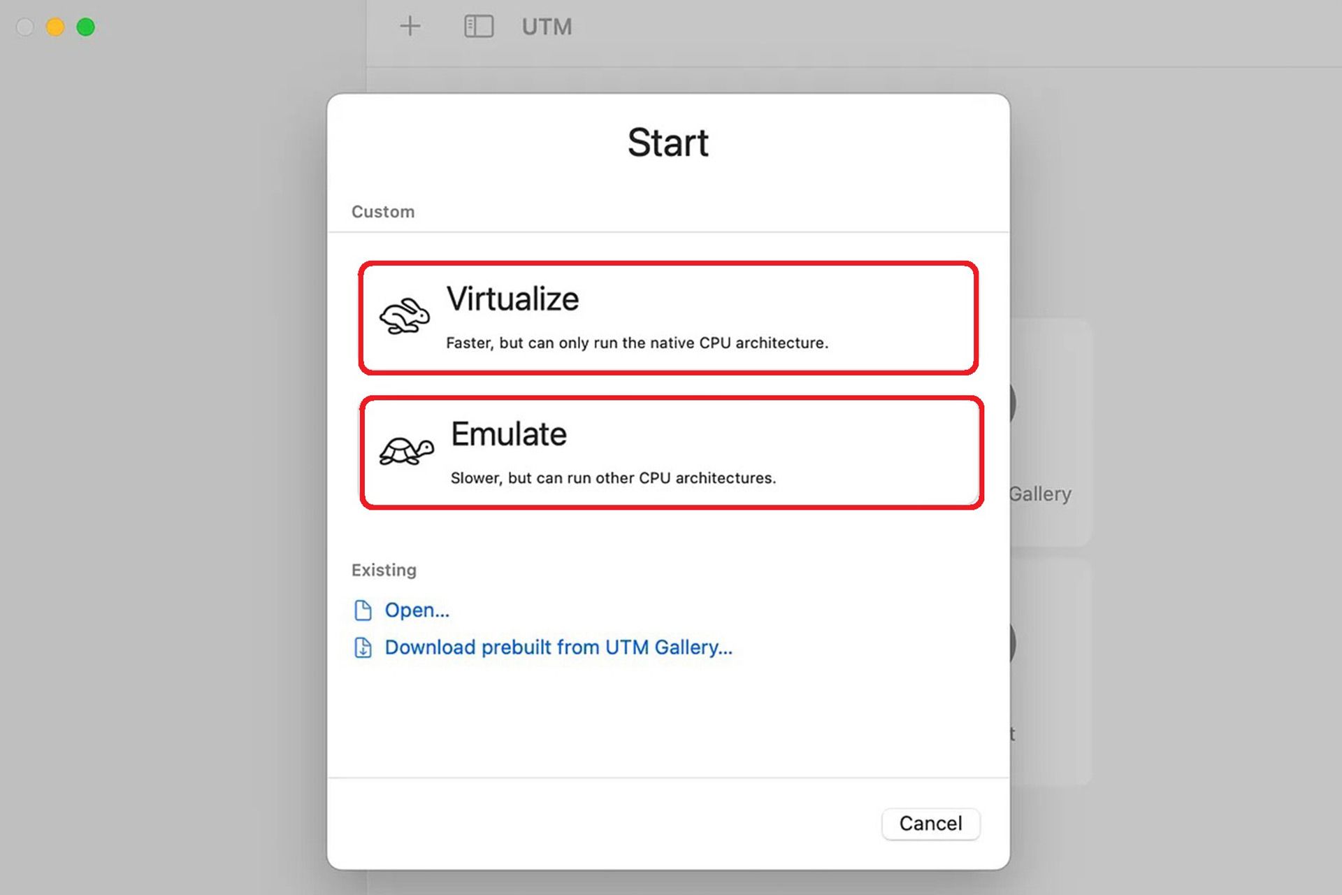 پنجره انتخاب بین دو گزینه‌ Virtualize یا Emulate در نرم افزار UTM