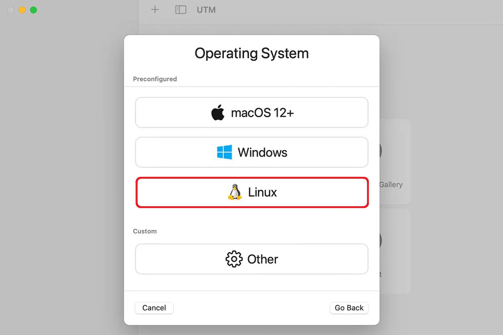 پنجره انتخاب سیستم‌عامل در نرم افزار UTM