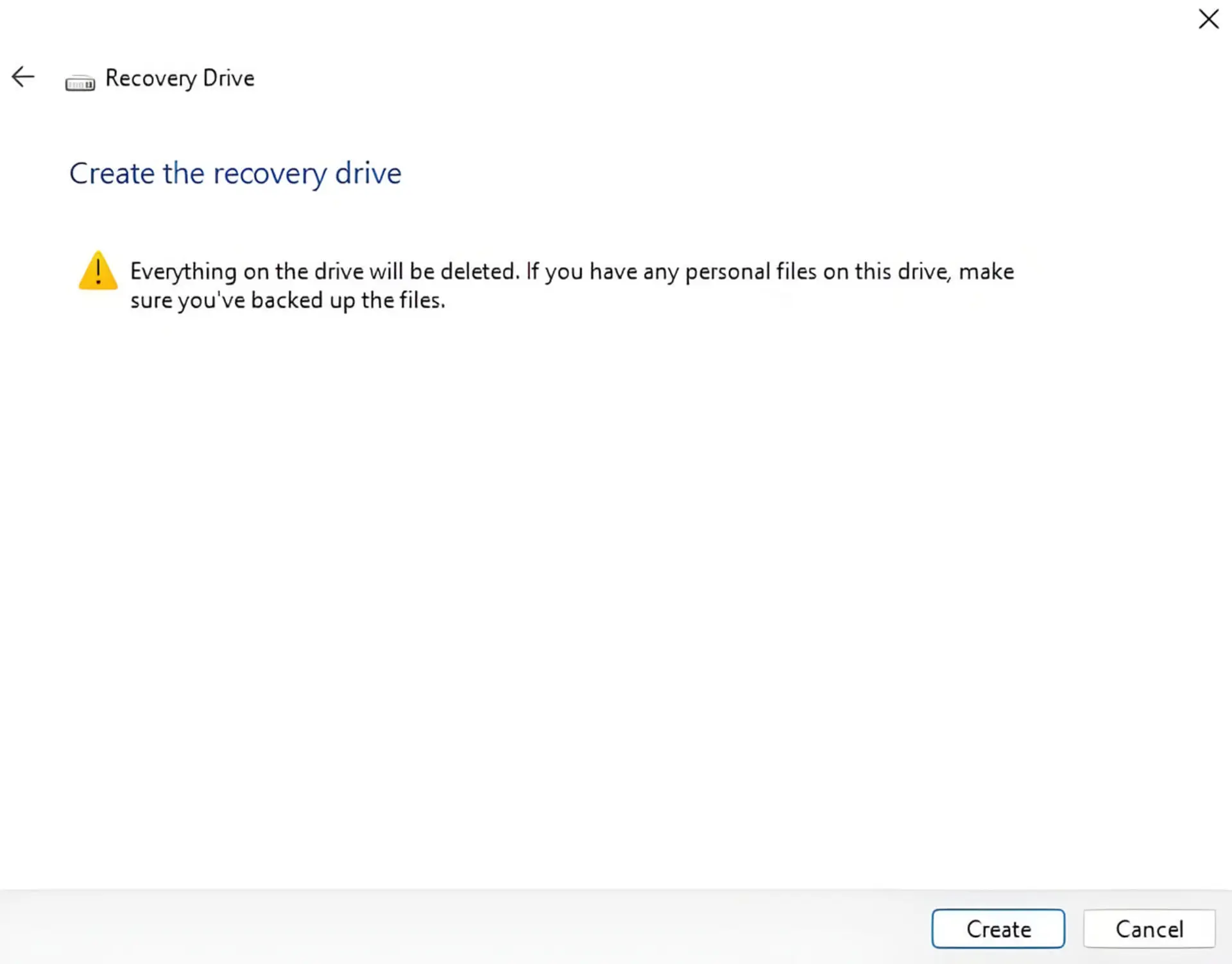 پنجره ایجاد درایو بازیابی (Recovery Drive) در سیستمعامل ویندوز با هشدار حذف اطلاعات