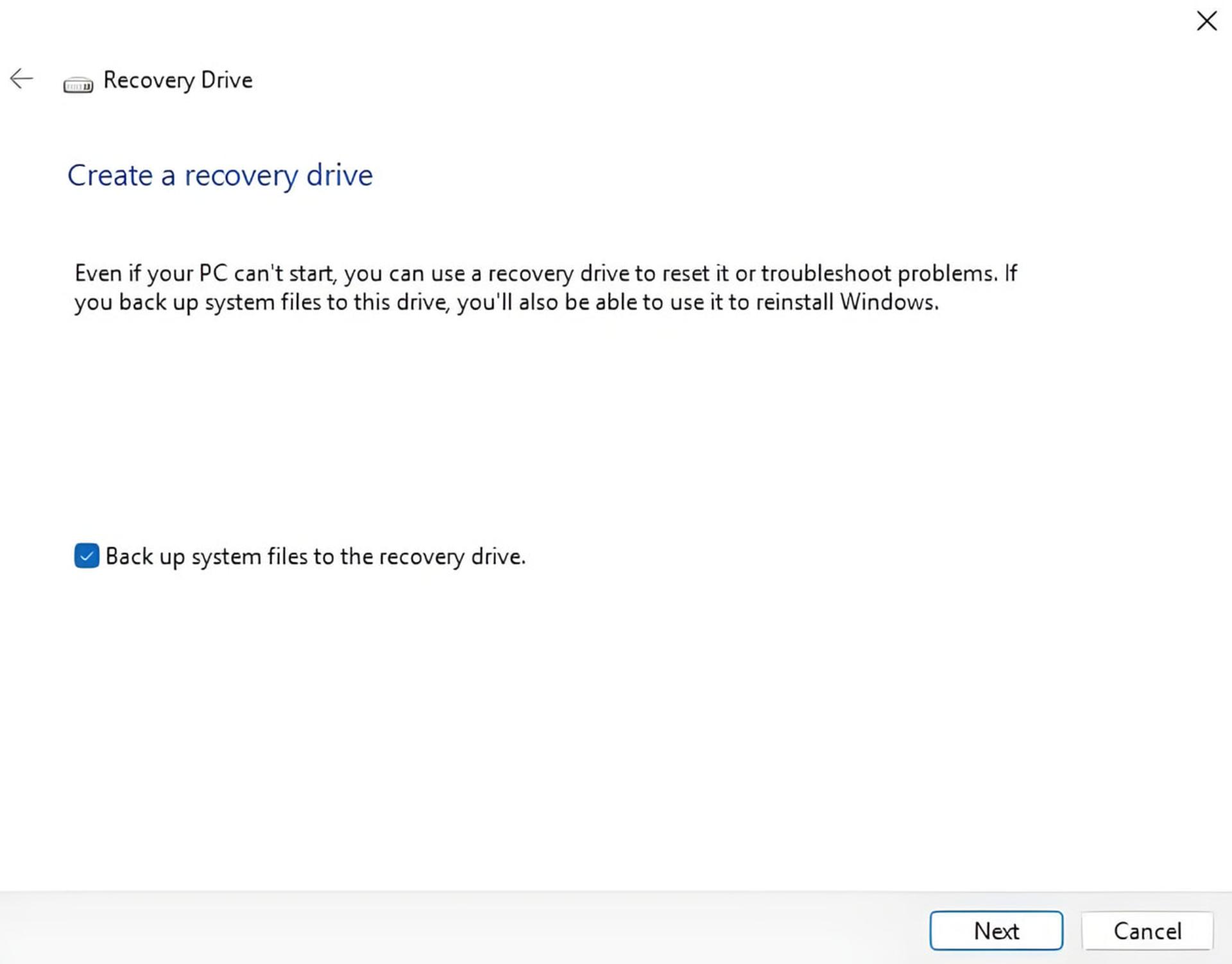 پنجره تنظیمات ساخت درایو بازیابی (Recovery Drive) در سیستمعامل ویندوز