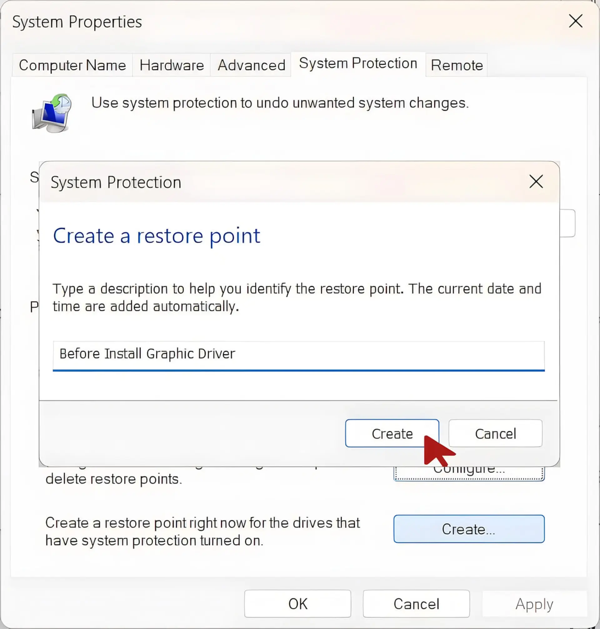 پنجره ایجاد نقطه بازیابی (Restore Point) در تنظیمات سیستم ویندوز