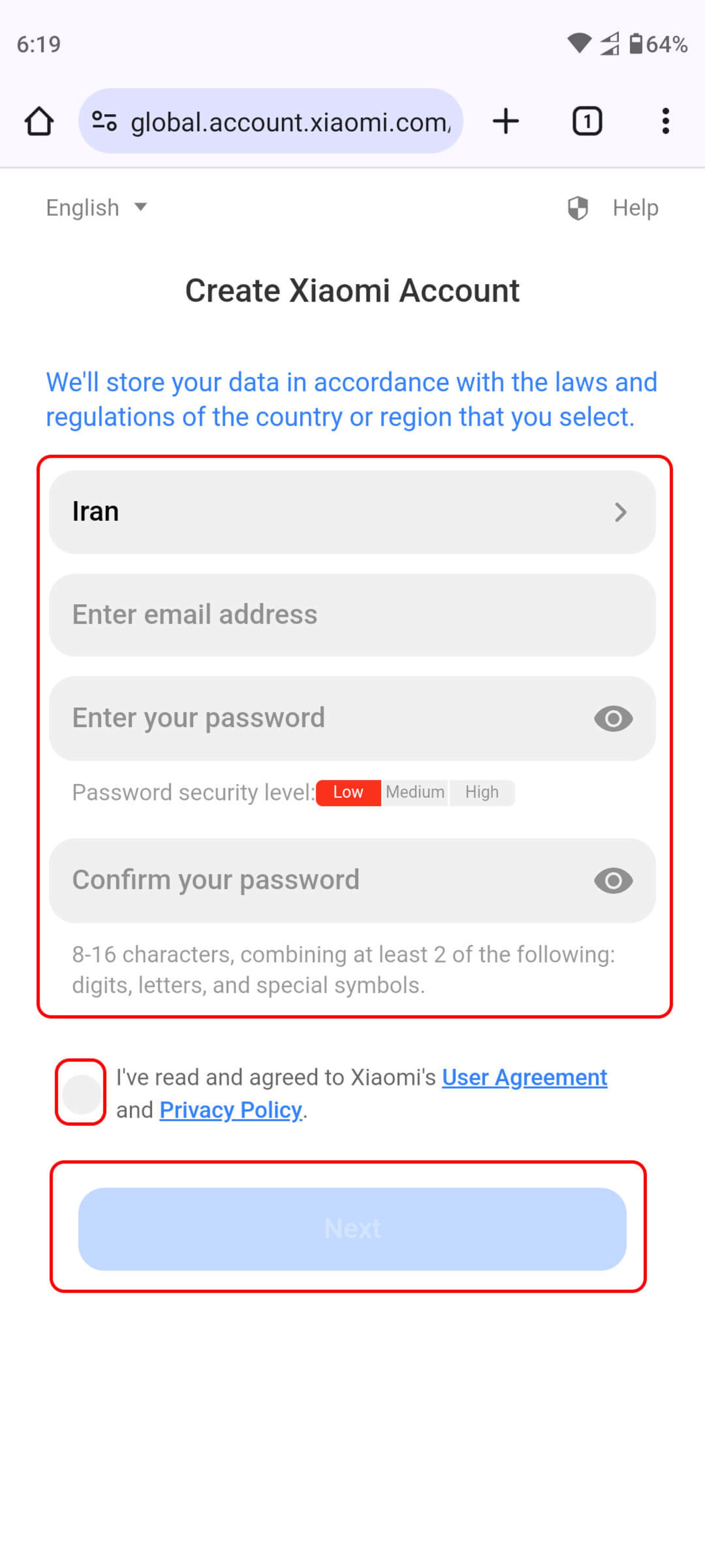 واردن کردن ایمیل و رمز برای ساخت اکانت شیائومی