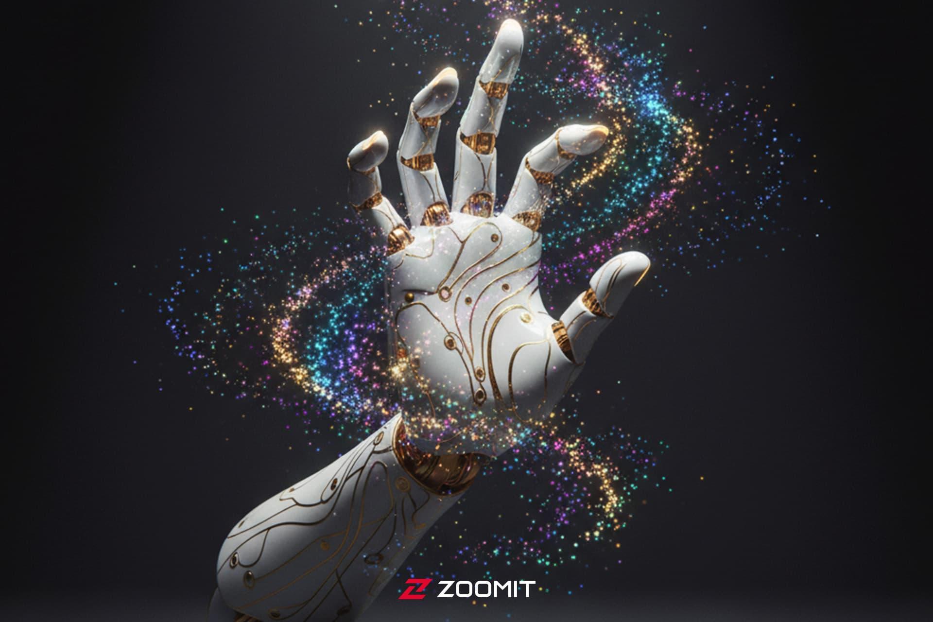 طرح مفهومی دست رباتیک با هاله‌ نورهای رنگی