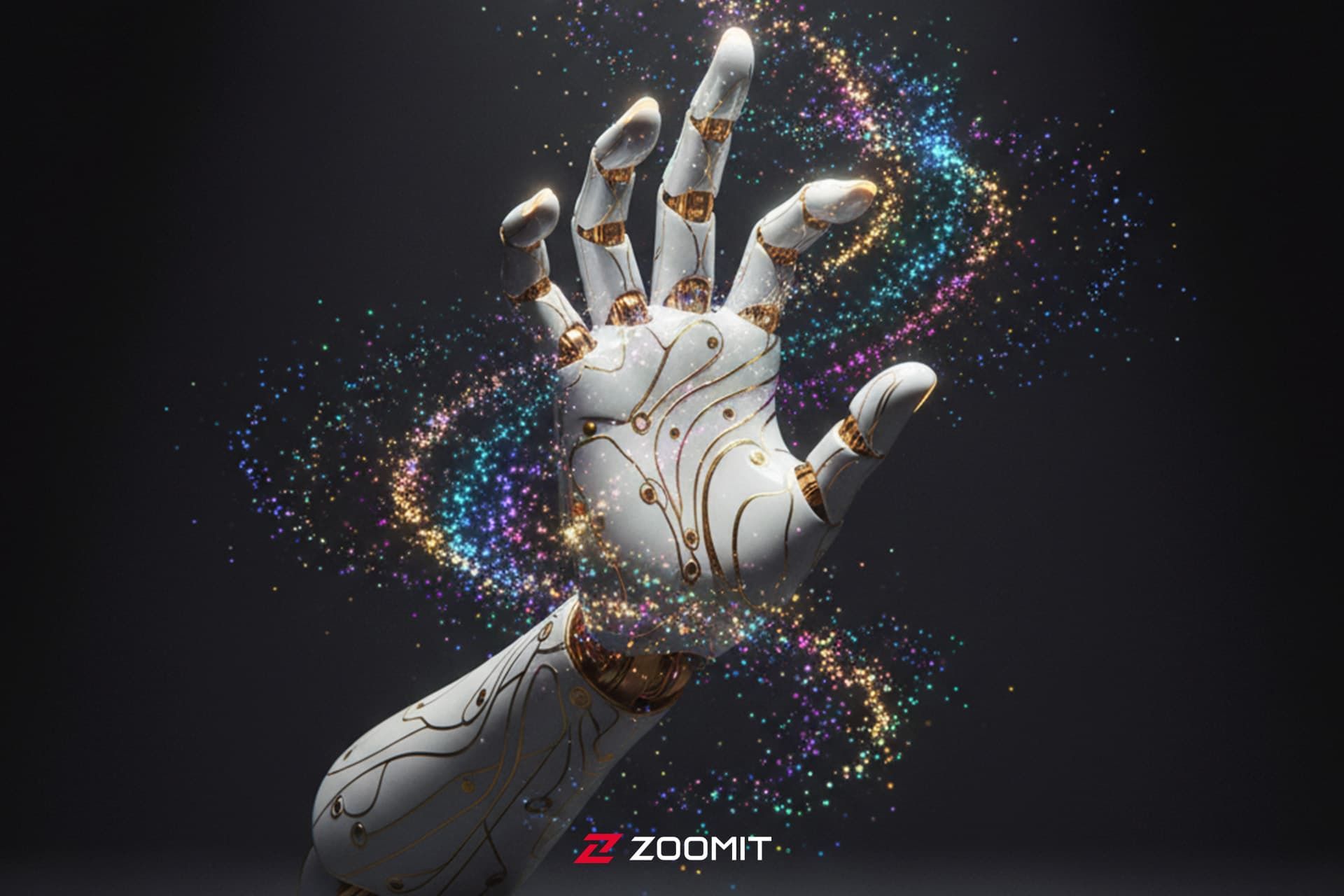 طرح مفهومی دست رباتیک با هاله‌ نورهای رنگی