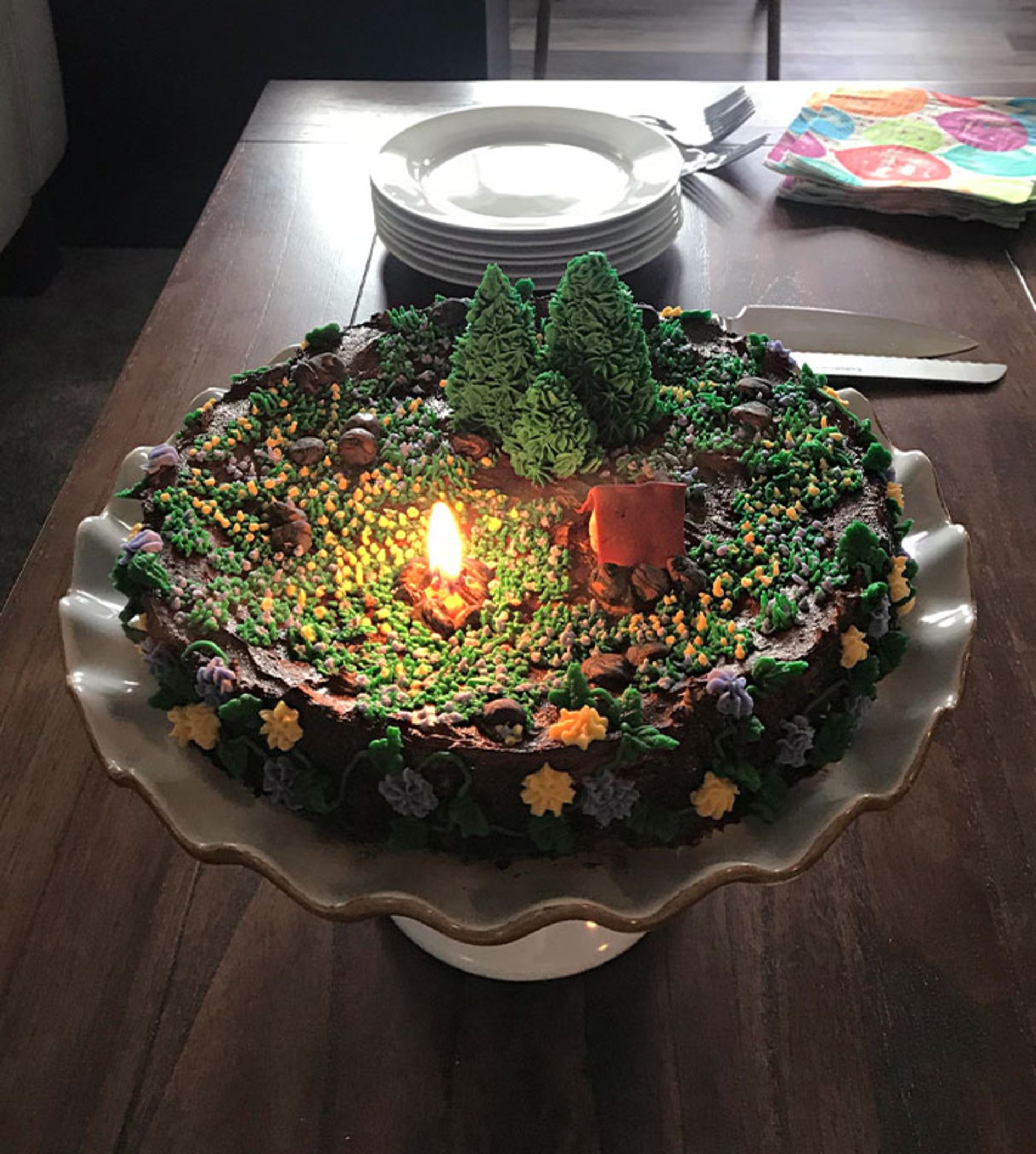 کیک جنگل شب با نور چراغ