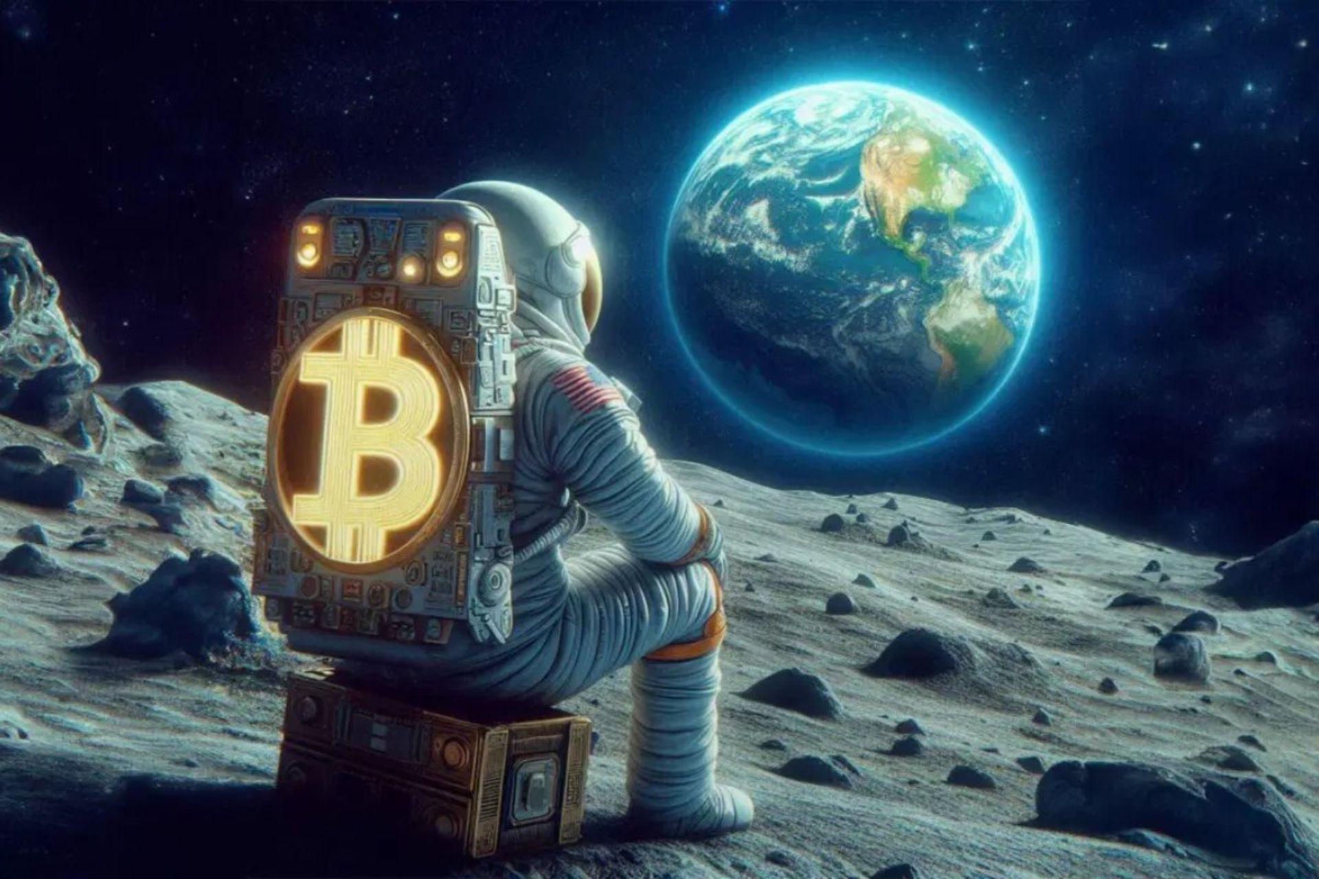 فضانورد درحال تماشای کره زمین از فضا با کوله پشتی بیت کوین