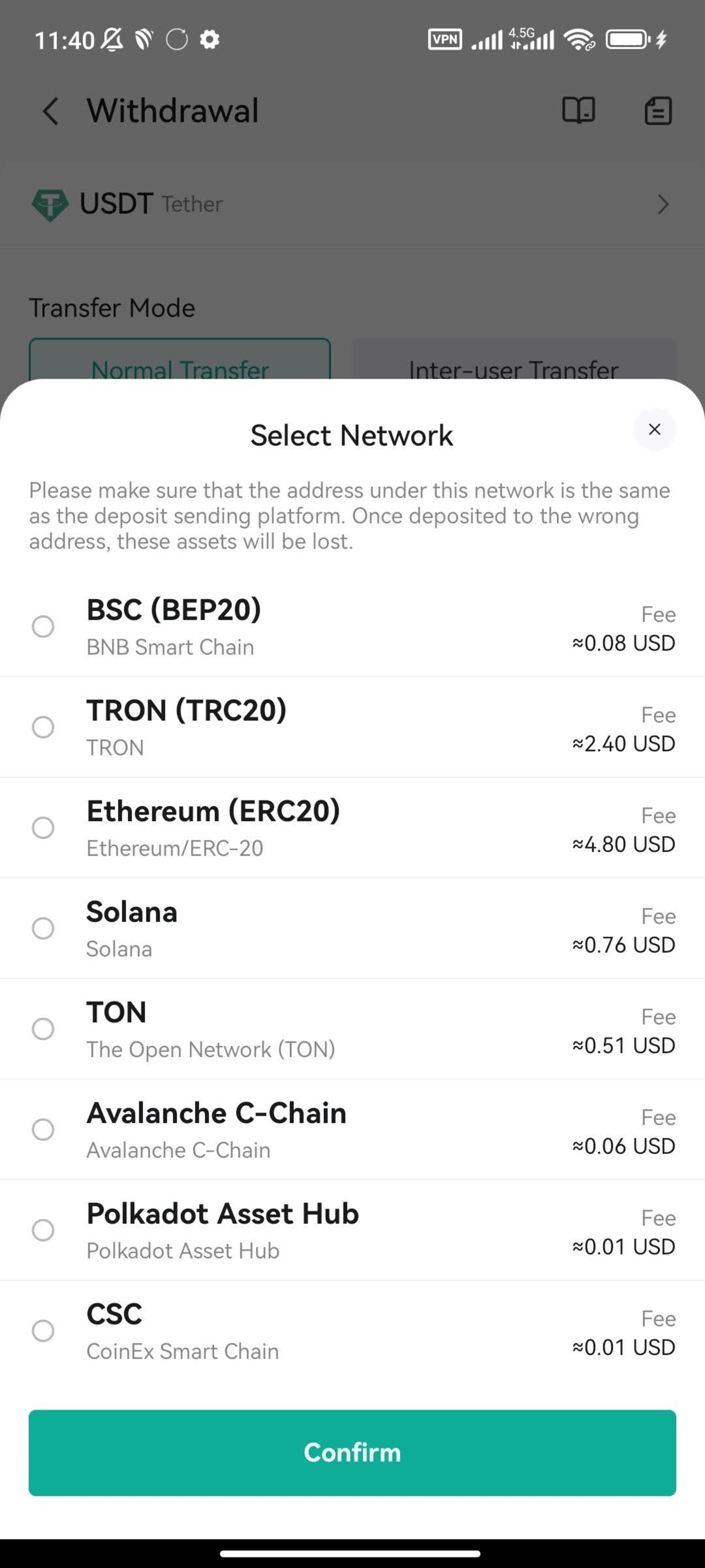 انتخاب شبکه برای برداشت تتر از صرافی