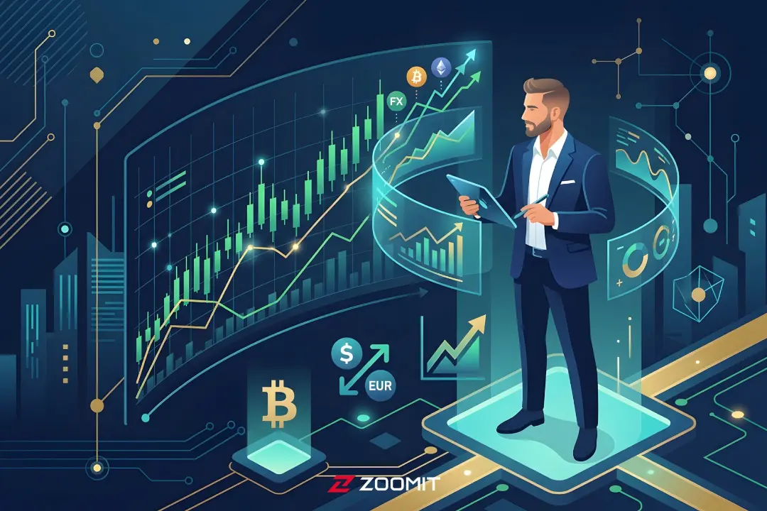 نمودار صعودی قیمت ارزهای دیجیتال و نماد بیت‌کوین (Bitcoin) در کنار تحلیلگر