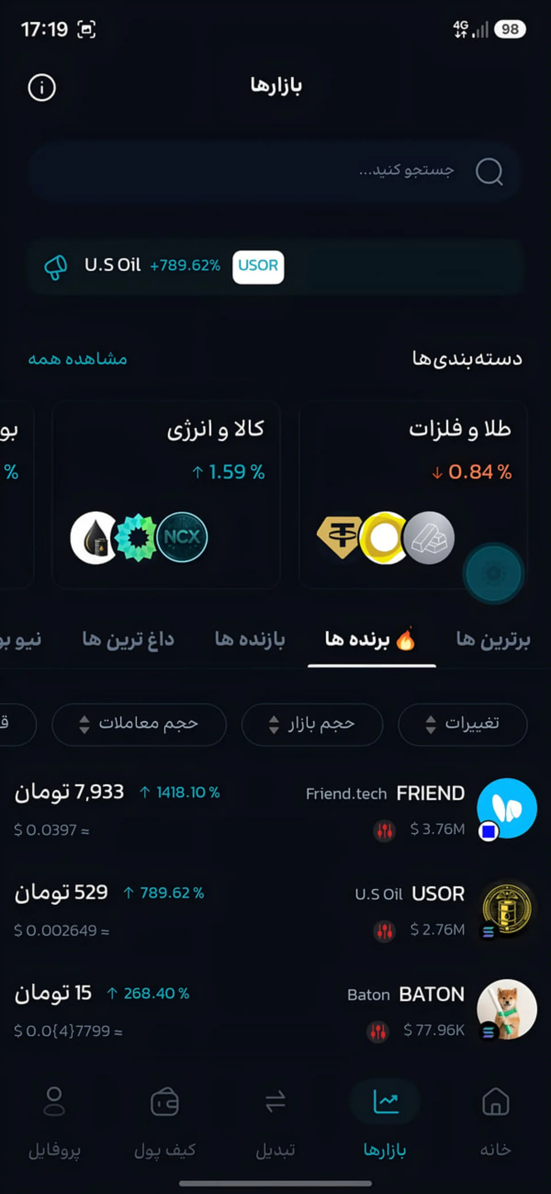 فهرست قیمت و تغییرات ارزهای دیجیتال در اپلیکیشن فور (Four) برای مدیریت دارایی