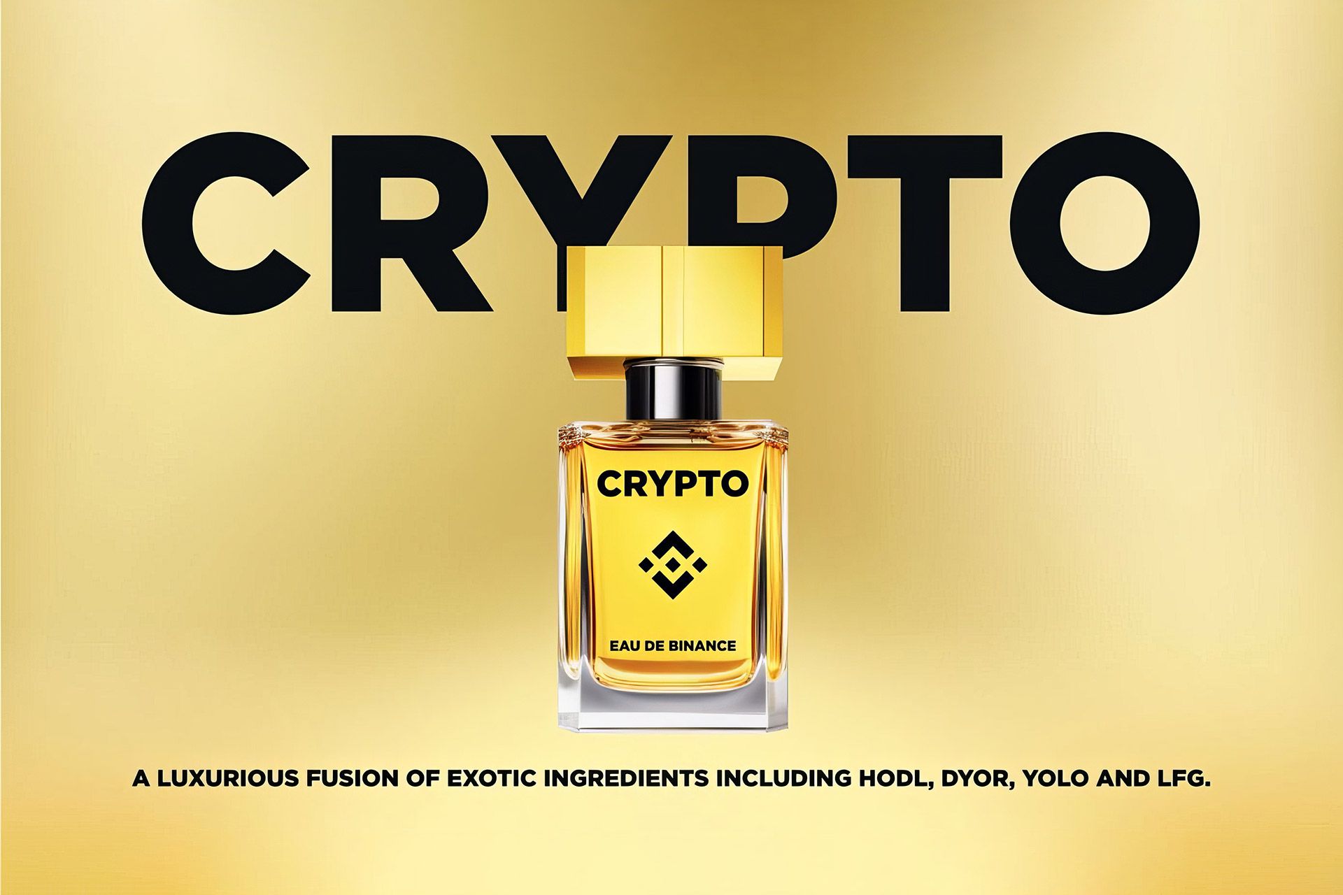 بطری طلایی رنگ عطر کریپتو از بایننس به همراه متن مشکی کریپتو 