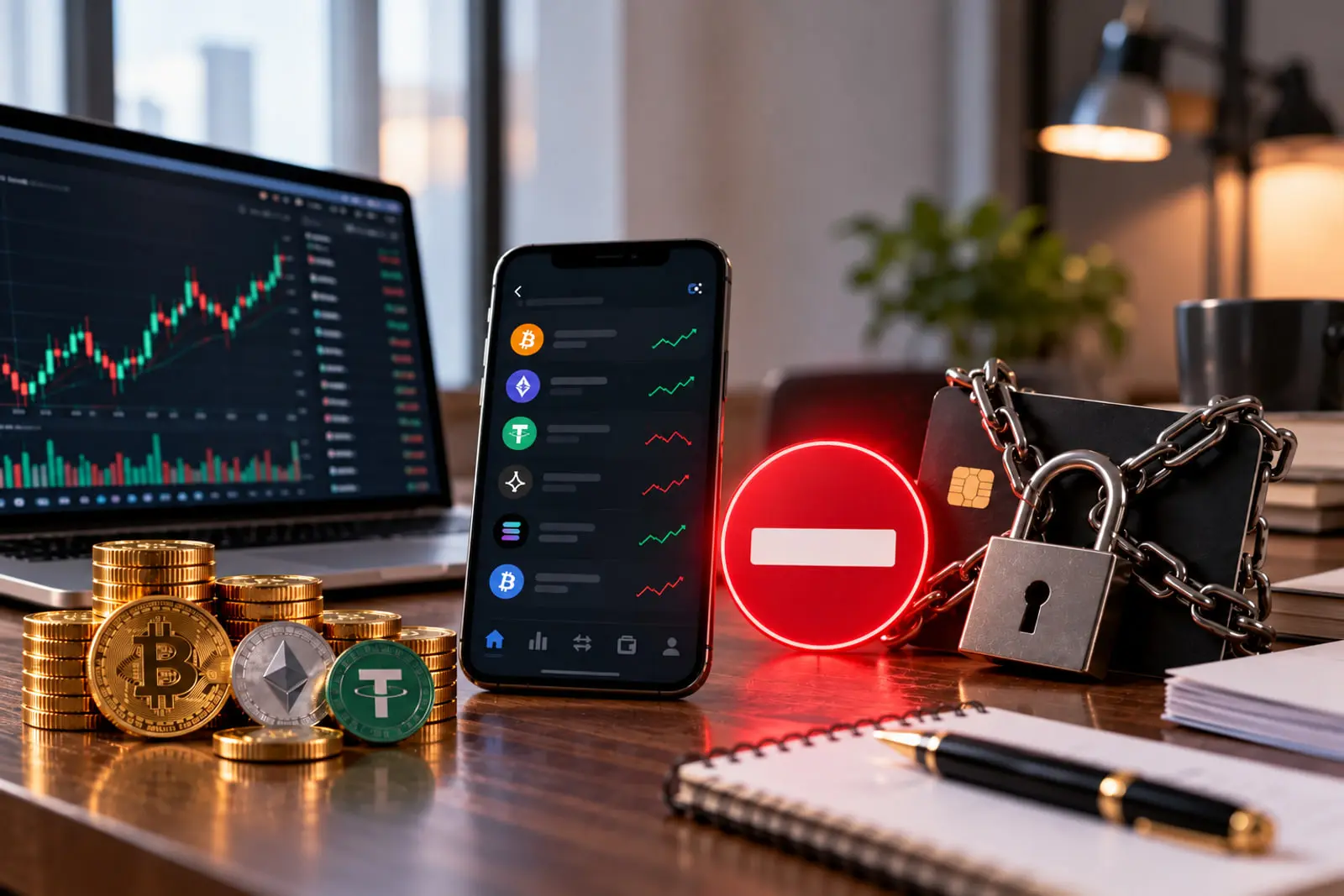نمودار قیمت و سکه‌های بیت‌کوین (Bitcoin) در کنار گوشی هوشمند و نشان ممنوعیت